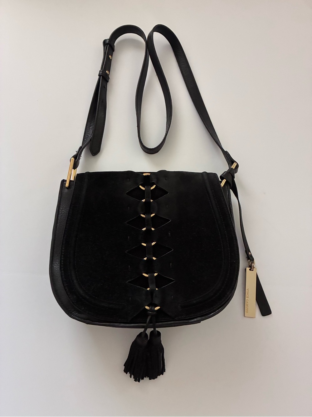Vince Camuto Black Suede Crossbody with Tassel and Gold Tag